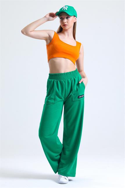 Bel Lastikli Cepli Yüksek Bel Bol Paça Eşofman Altı - Yeşil