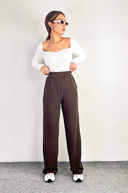 Beli Cırtlı Rahat Palazzo Pantolon - Kahve