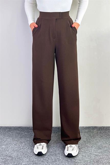 Beli Cırtlı Rahat Palazzo Pantolon - Kahve