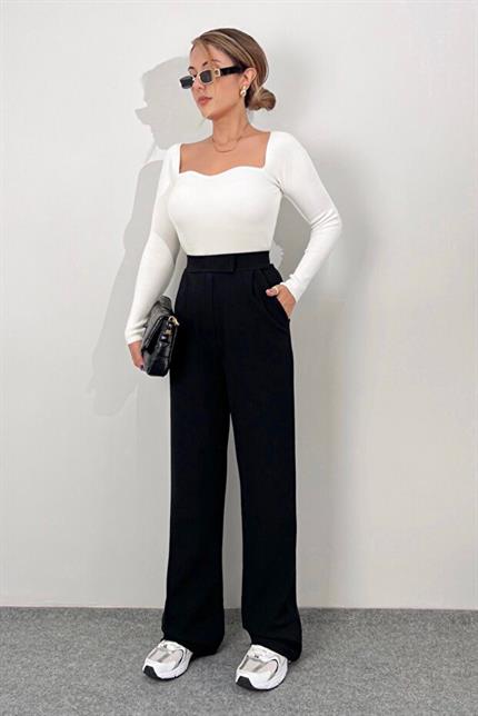 Beli Cırtlı Rahat Palazzo Pantolon - Siyah