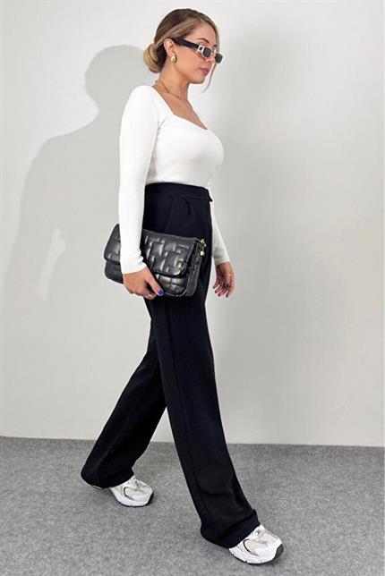 Beli Cırtlı Rahat Palazzo Pantolon - Siyah