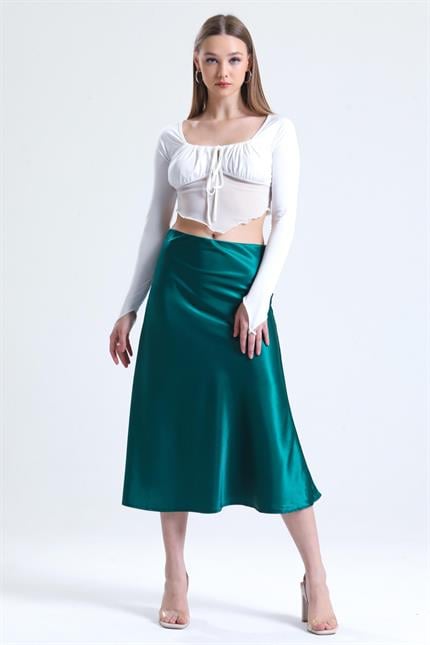 Beli Lastikli Volanlı Midi Boy Saten Etek - Zümrüt