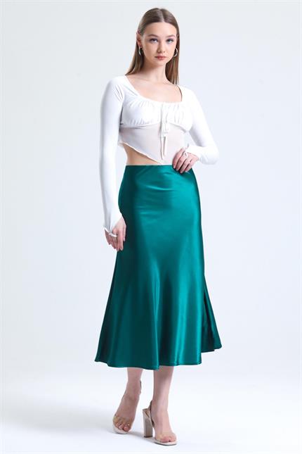 Beli Lastikli Volanlı Midi Boy Saten Etek - Zümrüt