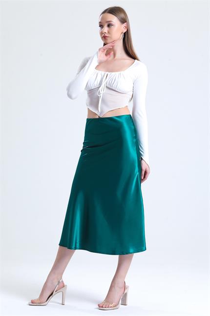 Beli Lastikli Volanlı Midi Boy Saten Etek - Zümrüt