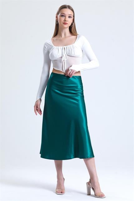 Beli Lastikli Volanlı Midi Boy Saten Etek - Zümrüt
