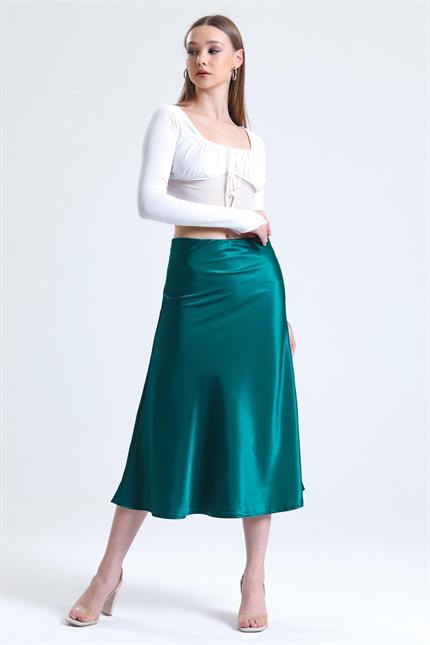 Beli Lastikli Volanlı Midi Boy Saten Etek - Zümrüt