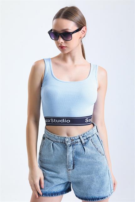 Beli Şerit Lastikli Spor Fitilli Crop Atlet - Mavi