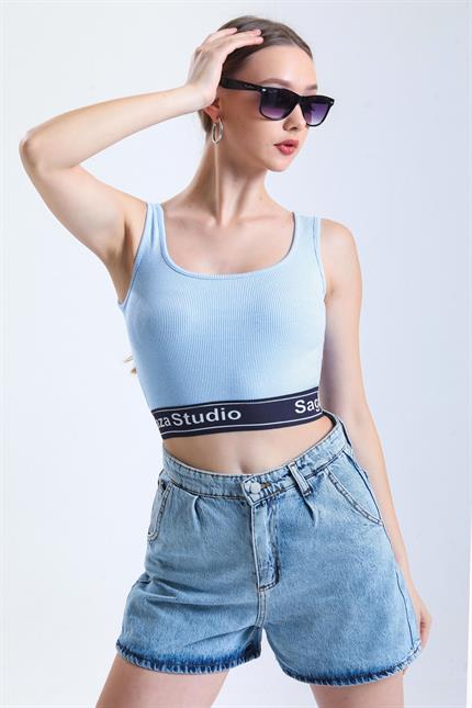 Beli Şerit Lastikli Spor Fitilli Crop Atlet - Mavi