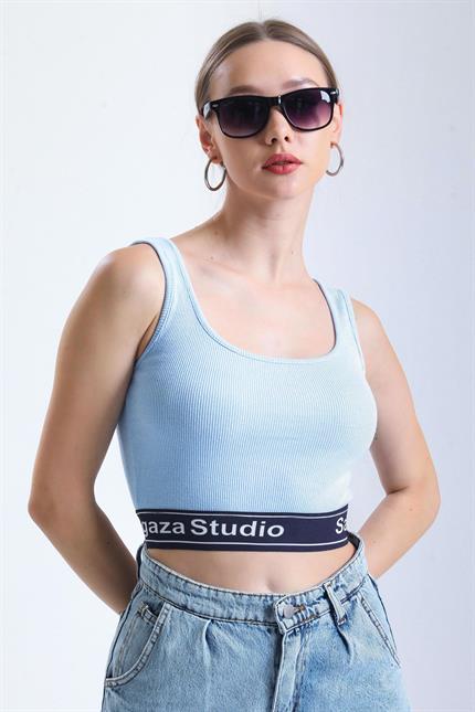 Beli Şerit Lastikli Spor Fitilli Crop Atlet - Mavi