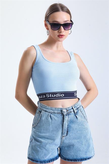 Beli Şerit Lastikli Spor Fitilli Crop Atlet - Mavi