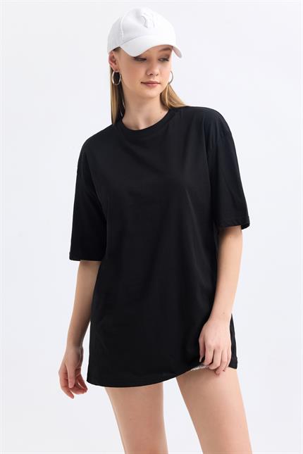 Bisiklet Yaka %100 Pamuk Basic Oversize Tişört - Siyah