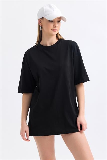 Bisiklet Yaka %100 Pamuk Basic Oversize Tişört - Siyah