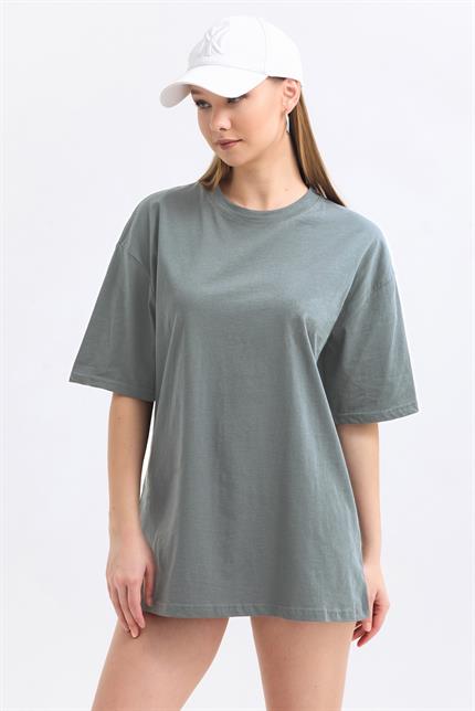 Bisiklet Yaka %100 Pamuk Basic Oversize Tişört - Gri