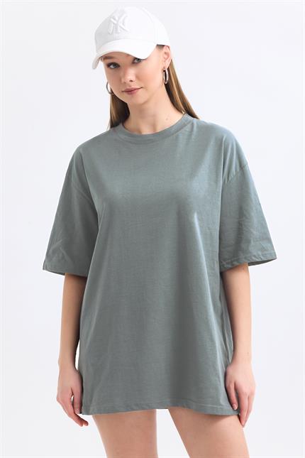 Bisiklet Yaka %100 Pamuk Basic Oversize Tişört - Gri