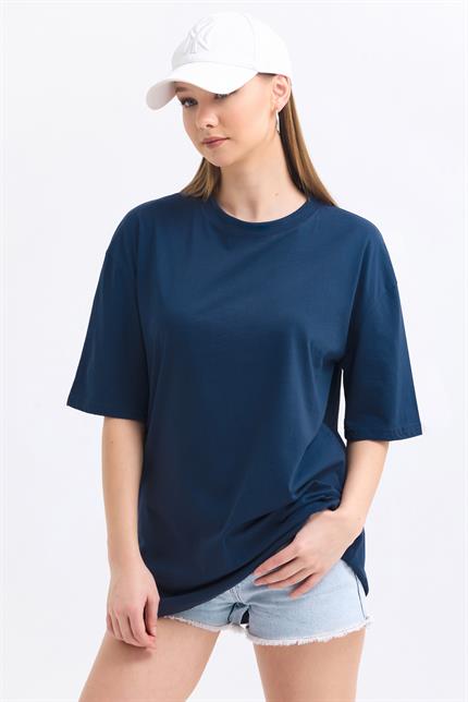 Bisiklet Yaka %100 Pamuk Basic Oversize Tişört - Lacivert