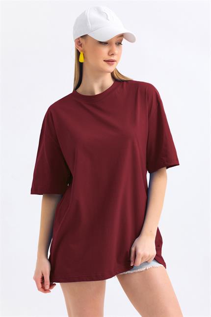 Bisiklet Yaka %100 Pamuk Basic Oversize Tişört - Bordo