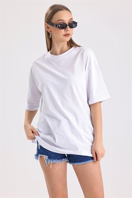 Bisiklet Yaka %100 Pamuk Basic Oversize Tişört - Beyaz