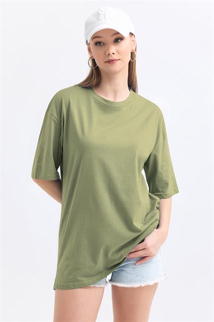 Bisiklet Yaka %100 Pamuk Basic Oversize Tişört - Olive