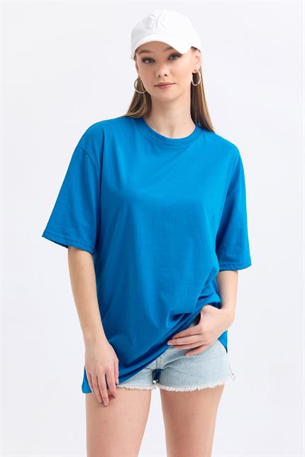 Bisiklet Yaka %100 Pamuk Basic Oversize Tişört - Mavi