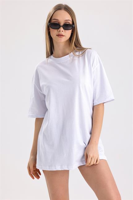 Bisiklet Yaka %100 Pamuk Basic Oversize Tişört - Beyaz