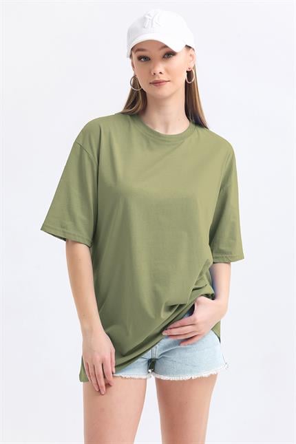 Bisiklet Yaka %100 Pamuk Basic Oversize Tişört - Olive