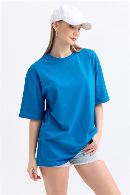 Bisiklet Yaka %100 Pamuk Basic Oversize Tişört - Mavi