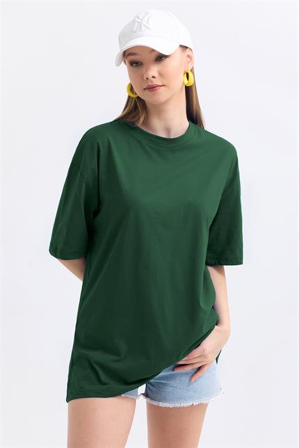 Bisiklet Yaka %100 Pamuk Basic Oversize Tişört - Yeşil
