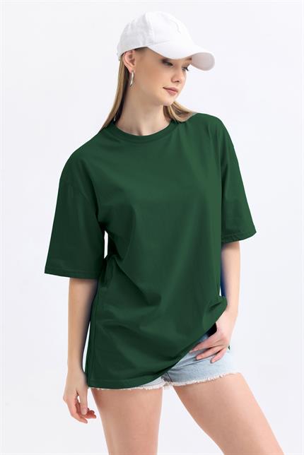 Bisiklet Yaka %100 Pamuk Basic Oversize Tişört - Yeşil