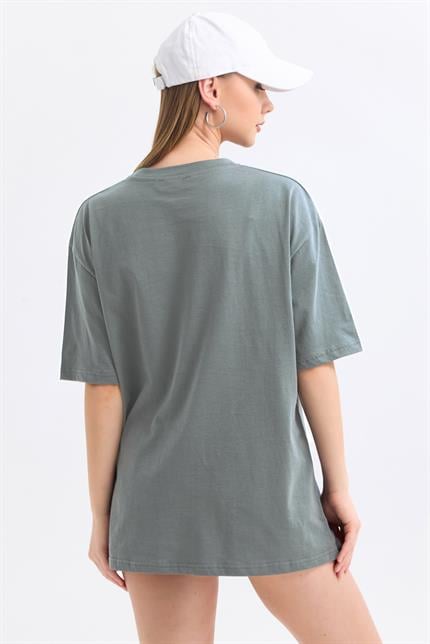 Bisiklet Yaka %100 Pamuk Basic Oversize Tişört - Gri
