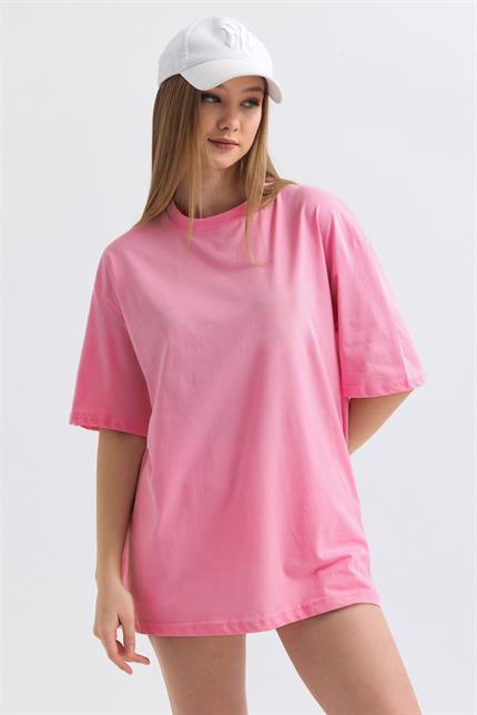 Bisiklet Yaka %100 Pamuk Basic Oversize Tişört - Pembe
