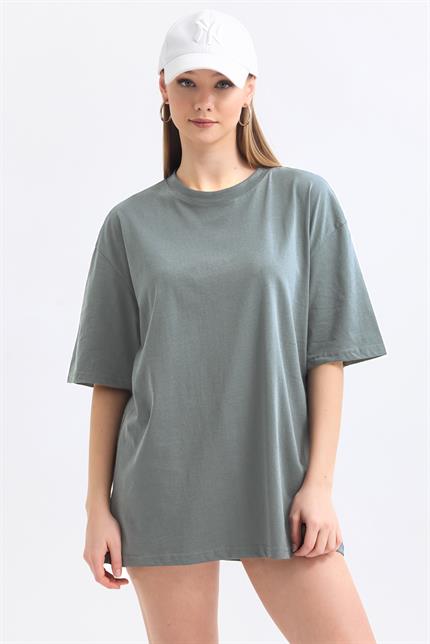 Bisiklet Yaka %100 Pamuk Basic Oversize Tişört - Gri