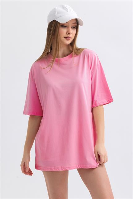 Bisiklet Yaka %100 Pamuk Basic Oversize Tişört - Pembe
