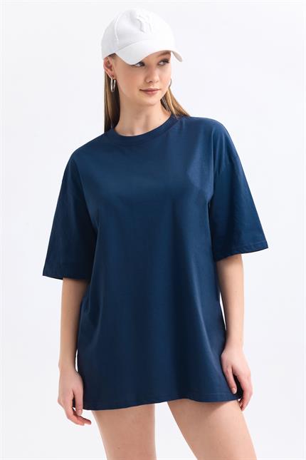 Bisiklet Yaka %100 Pamuk Basic Oversize Tişört - Lacivert