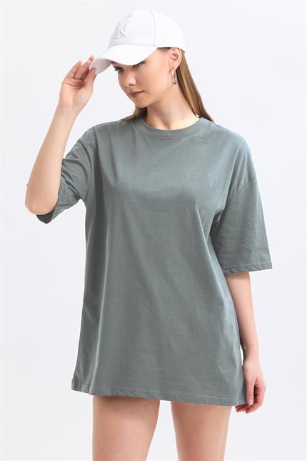 Bisiklet Yaka %100 Pamuk Basic Oversize Tişört - Gri