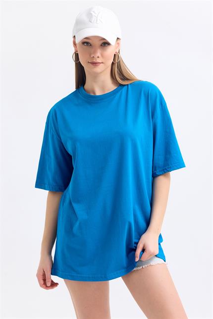Bisiklet Yaka %100 Pamuk Basic Oversize Tişört - Mavi