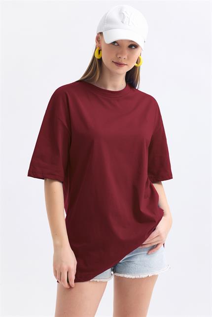 Bisiklet Yaka %100 Pamuk Basic Oversize Tişört - Bordo