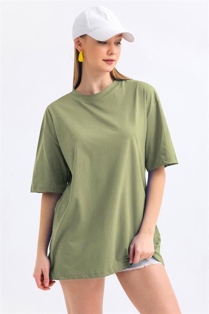 Bisiklet Yaka %100 Pamuk Basic Oversize Tişört - Olive