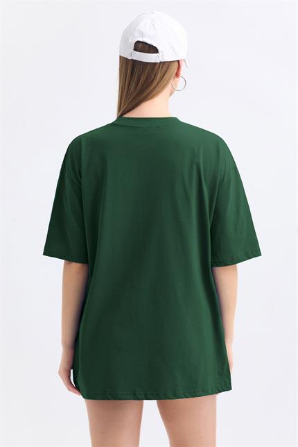 Bisiklet Yaka %100 Pamuk Basic Oversize Tişört - Yeşil