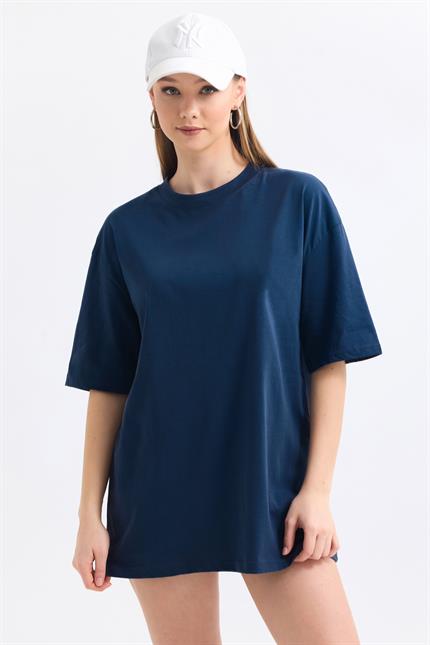 Bisiklet Yaka %100 Pamuk Basic Oversize Tişört - Lacivert