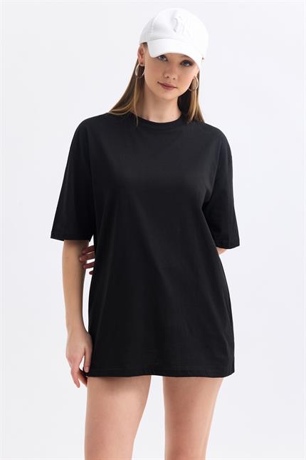 Bisiklet Yaka %100 Pamuk Basic Oversize Tişört - Siyah