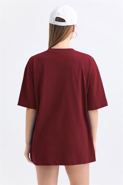 Bisiklet Yaka %100 Pamuk Basic Oversize Tişört - Bordo