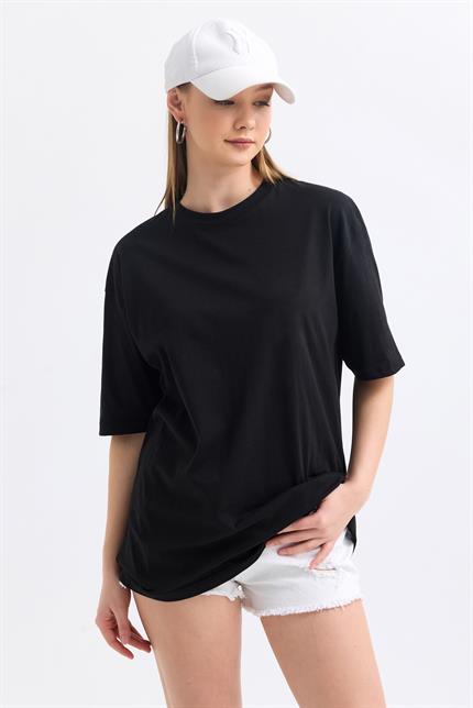 Bisiklet Yaka %100 Pamuk Basic Oversize Tişört - Siyah