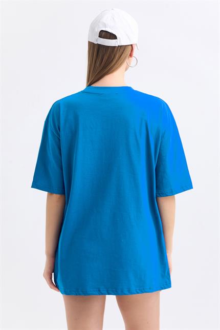 Bisiklet Yaka %100 Pamuk Basic Oversize Tişört - Mavi