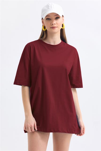 Bisiklet Yaka %100 Pamuk Basic Oversize Tişört - Bordo