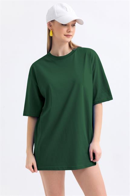 Bisiklet Yaka %100 Pamuk Basic Oversize Tişört - Yeşil