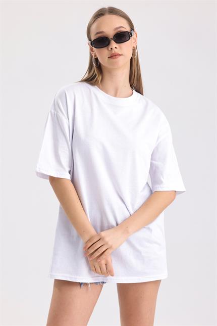 Bisiklet Yaka %100 Pamuk Basic Oversize Tişört - Beyaz