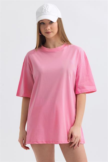 Bisiklet Yaka %100 Pamuk Basic Oversize Tişört - Pembe
