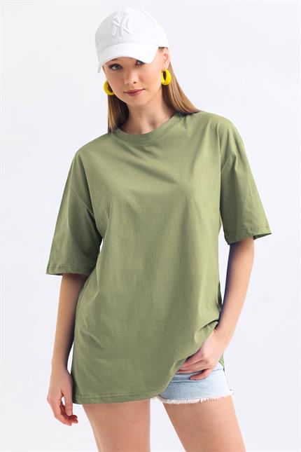 Bisiklet Yaka %100 Pamuk Basic Oversize Tişört - Olive