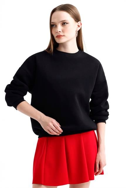 Bisiklet Yaka İçi Polarlı Basic Oversize Sweatshirt - Siyah