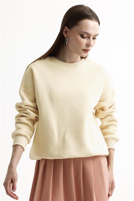 Bisiklet Yaka İçi Polarlı Basic Oversize Sweatshirt - Taş